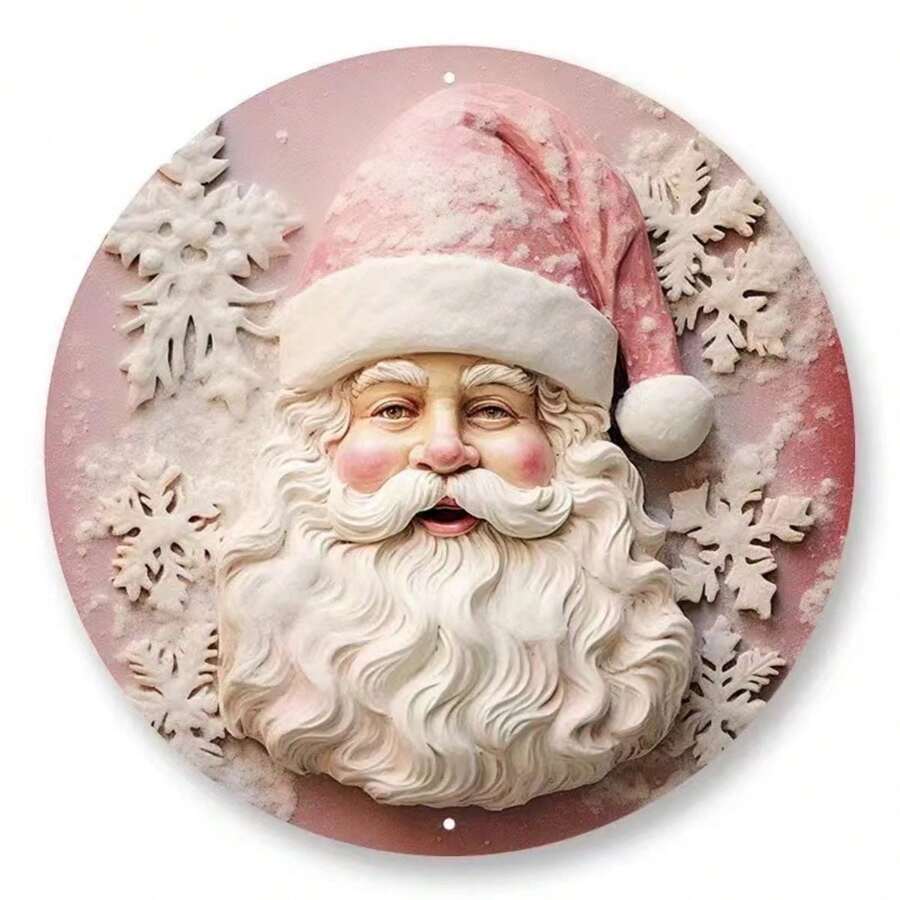 1pc 8x8 Inch Metal Sign, Pink Santa 2D Metal Pink Santa Sign, Random Hole Position On Pink Santa Wreath Sign - Multicolor - View 1