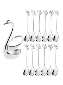 1 套星座天鹅形 6/12 件不锈钢水果/甜点/咖啡勺，带天鹅储物底座，适用于厨房、酒店、咖啡厅、节日礼物、厨房、圣诞礼物、学校用品 - 銀色 - 查看 10