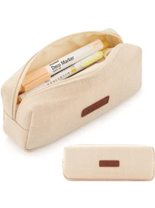 1个大容量单层铅笔盒，方形亚麻铅笔袋，适合中学生，简约文具包（多种颜色可选）返校季，返校用品，铅笔袋，书包 - 黑色 - 查看 8