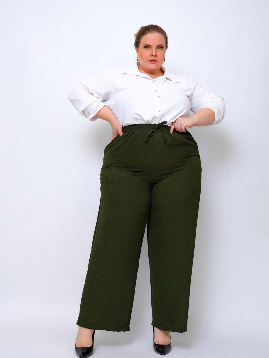 Duna Women's Plus Size High Waist Wide Leg Pants - xanh quân đội - Xem 1