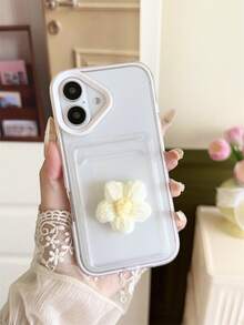 3D 二合一花朵柔软 TPU 卡夹手机壳，适用于 iPhone，防摔、防汗、防指纹、耐磨、防褪色 - 白色 - 查看 3