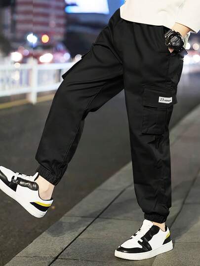 1件装青少年男童休闲运动户外口袋工装裤，纯色保暖直筒裤，加厚保暖，适合春、秋、冬季穿着