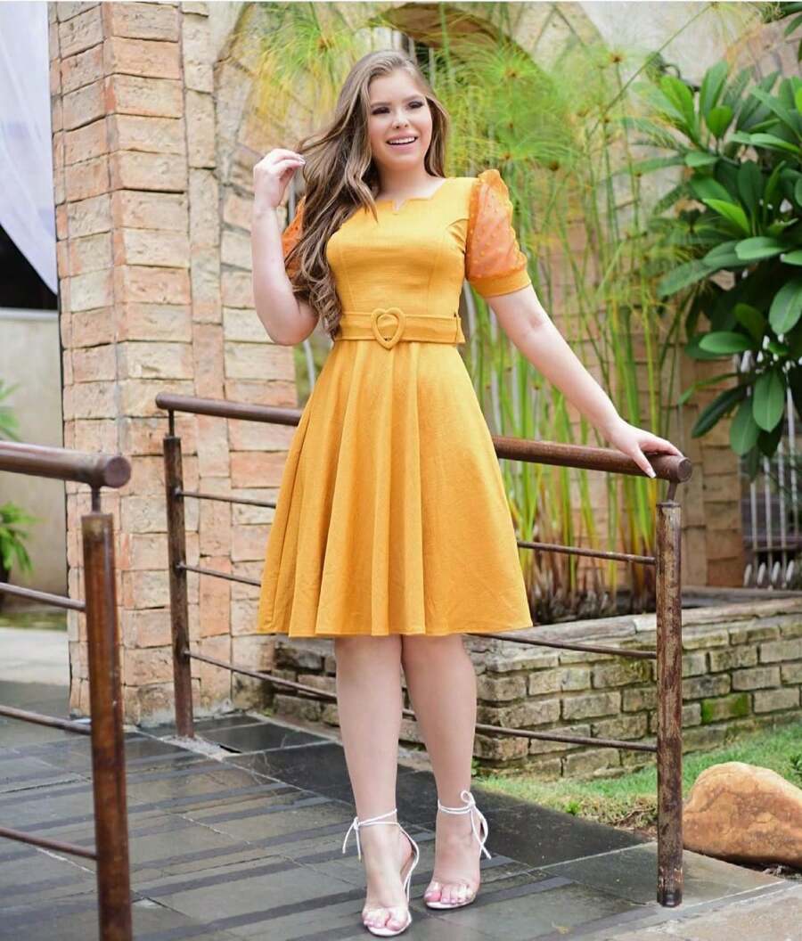 Vestido Roupas Evangélicas Femininas Com Cinto Midi Rodado Barato Promoção - Amarelo mostarda - Visão 1