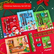 6pcs/Set Christmas Cartoon Theme Stationery Gift Box For Kids, Elementary School Students Christmas Party Supplies, Learning Gifts (Pencil/Pencil Sharpener/Eraser/Memo Pad/Ruler)