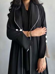 1 chiếc áo choàng dài bằng vải polyester trang trí nút thanh lịch tay xẻ Abaya Kaftan kiểu Ả Rập - màu đen - Xem 3