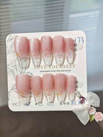 10 piezas de uñas postizas hechas a mano con estilo de ojo de gato con pétalos de flor de cerezo de aurora y degradado, suministros para uñas