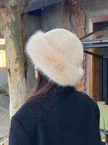 秋冬毛绒帽子，韩版加厚仿貂皮毛线帽，保暖耳罩帽，防风，纯色，波西米亚风，休闲，优雅，复古街头，宫廷风，涤纶纤维，流苏，蓬松边缘万圣节 - 漁夫帽 - 查看 8