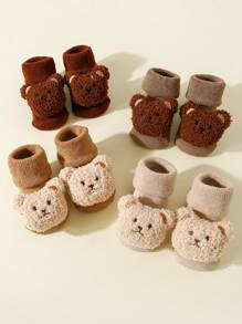 4 Pairs Infant Thick Warm Bear Graphic Anti-Slip Floor Socks, Suitable For Autumn/Winter - Multicolor - View 5
