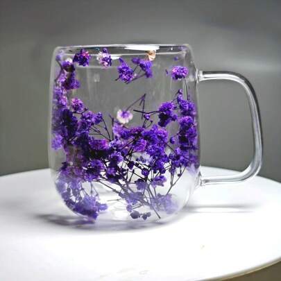 250ml Double-Walled Dried Flowers Filled Glass, Mug, Coffee Mug. A Flower Cup. Bar, Office, Kitchen Decor. Suitable As A Birthday Gift, Christmas Gift For Wife, Colleagues, Family Back To School