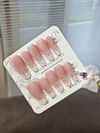 10Pcs Handmade Aurora Cherry Blossom Gradient Petal Cat'S Eye Style Fake Nails Press On Nails Nail Supplies Nails