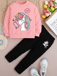 Bộ áo nỉ cổ tròn in họa tiết kỳ lân và quần legging cho bé gái tuổi teen - Hồng - Xem 1