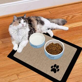 1pc Cartoon Paw Print & Linen Floral Pattern Pet Food Mat, High Absorbent & Quick Dry Dog Cat Feeding Bowl Pad, Easy Clean Non-Slip Rubber Bottom, Suitable For All Seasons Pet Cage Mat