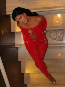 女士时尚蕾丝连体裤，镂空设计，性感紧身款式 - 紅色 - 查看 5