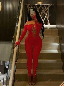 Women's Fashionable Lace Jumpsuits With Hollow-Out Design, Sexy Bodycon Style