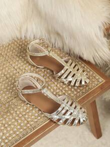 女士平底凉鞋 镂空罗马鞋 金属带扣金色平底凉鞋 度假拖鞋 金色罗马鞋 金色鞋 防滑时尚透气凉鞋 罗马鞋 猪圈鞋 性感金色鞋 时尚百搭女鞋 T 型编织女士平底鞋