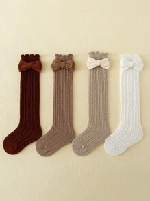 4 双儿童女孩米色蝴蝶结装饰隐形平顶及膝袜