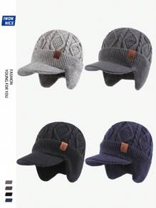 Winter Ear Warmer Thickened Lined Men Beanie Hat, Vintage Thick Faux Wool Knitted Baseball Cap With Brim For Women, Warm Knitted Hat With Brim And Ear Flaps For Outdoor Warmth, Best Holiday Gift For Dadwinter Hat