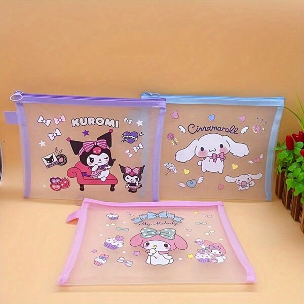 Sanrio Creative Cartoon A5 Nylon Mesh File Bag Children's Cute Storage Bag Student Test Paper Zipper Bag Stationery Gifts,Back To School