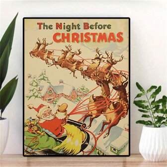 1 件“圣诞魅力”节日圣诞节帆布艺术印刷品 - 圣诞老人和驯鹿在冬日雪景 | 适合客厅、卧室、家庭办公室的现代墙壁装饰 | 复古风格农舍风格冬季仙境装饰节日装饰无框