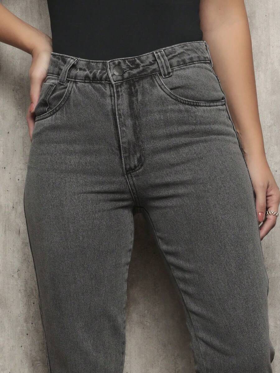 Calça Shein Jeans Mom Feminina Marmorizada Tecido Grosso Avenue Premium - Cinza - Visão 1