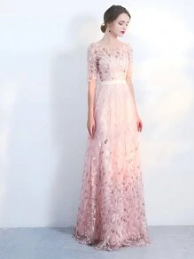 船领刺绣亮片带袖晚礼服，后背拉链，系带，适合派对、礼服、婚礼宾客的正式礼服