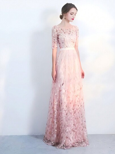 Boat Neck Embroidered Sequin Evening Dress With Sleeves, Zipper Back, Tie-Up, Formal Dress For Party,Gown,Wedding Guest