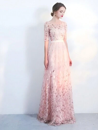 Boat Neck Embroidered Sequin Evening Dress With Sleeves, Zipper Back, Tie-Up, Formal Dress For Party,Gown,Wedding Guest