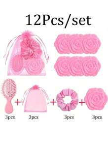 24pcs/Set Bridal Shower Favors,Hair Brush+Scrunchies+Cosmetic Mirror+Organza Bags, Hair Accessories For Wedding, Bridesmaid, Proposal, Birthday, Gender Reveal Parties - Pink Party Favors,