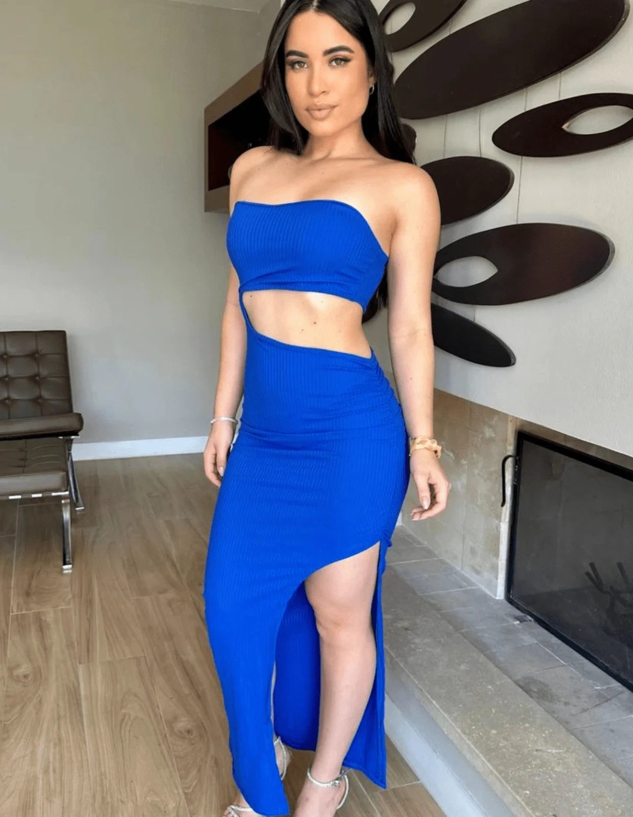 Women's Strapless Midi Dress With Side Slit - 藍色 - 查看 1