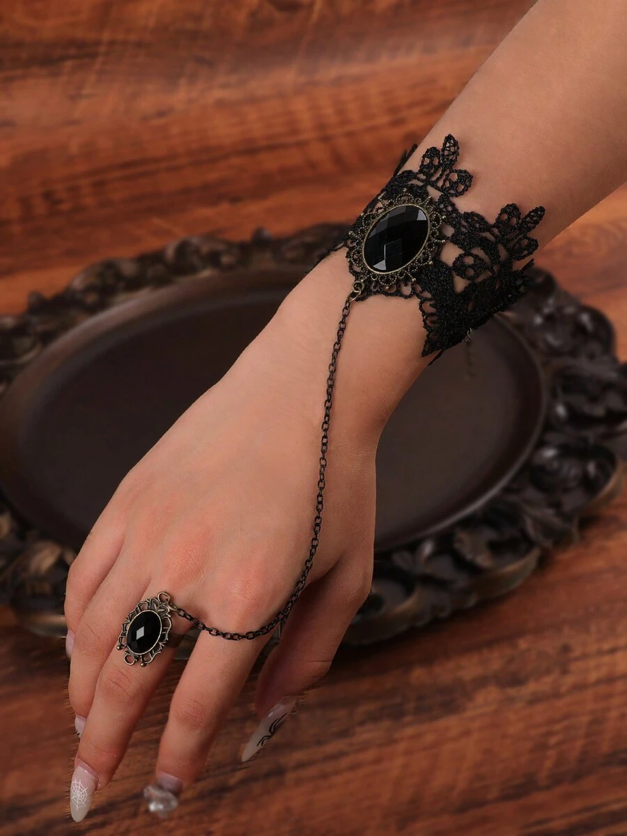 Women's Halloween Gothic Dark Style European & American Vintage Lace Rose Ring Bracelet - Black - View 1