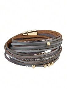 1pc Snake Pattern Leather Wrap Bracelet With Crystal Studs, Bohemian Style Wristband For Men, Gift For Women/Wife/Mother