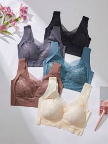 5pcs Women's Contrast Lace Seamless & Wirefree Bra With Padding, Lingerie