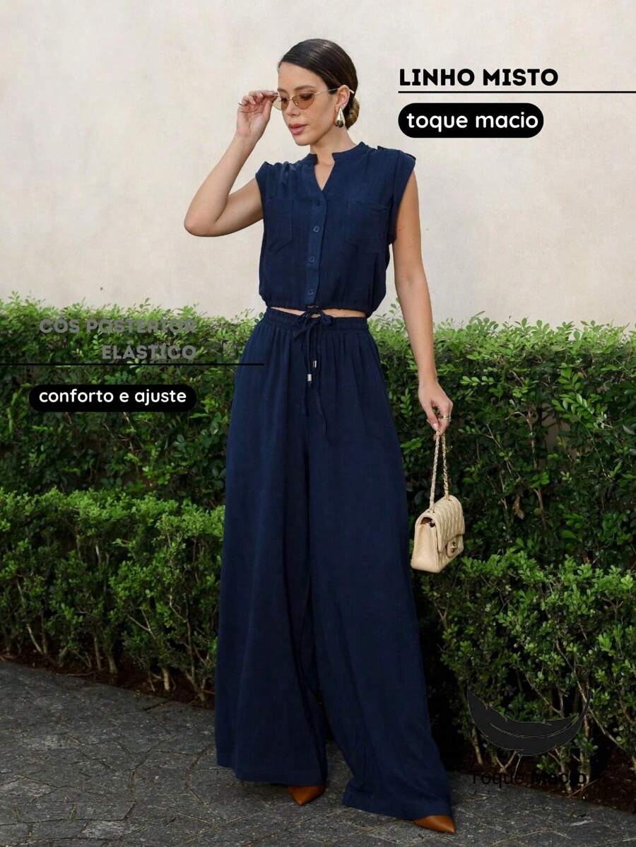 Conjunto Pantalona Camisa sem mangas Linho Misto