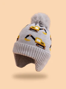 1 件儿童挖掘机图案蓬松绒球衬里柔软针织无檐小便帽，适合男孩，温暖时尚，适合秋冬休闲装 - 彩色 - 查看 2