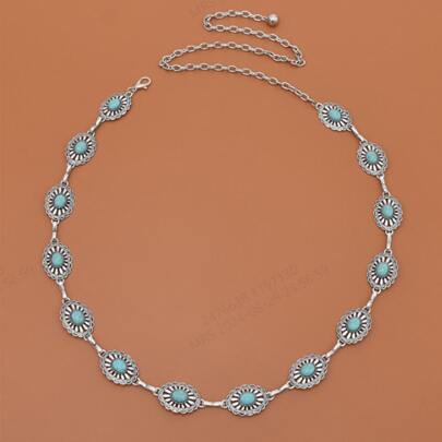 女士银色调绿松石花链腰带 - 锌合金西部牛仔女装牛仔裤、连衣裙 - 加大码海滩婚礼派对节日运动配饰 - 铆钉哑光椭圆形圆盘装饰夏季、学校秋季、秋季、万圣节