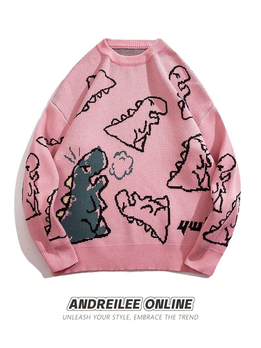 男士恐龙印花宽松休闲圆领长袖毛衣