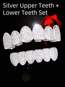 1pc/2pcs Hip-Hop 18K Gold Plated Teeth Grills Inlaid With Shiny Zirconia Grillz Teeth Braces Halloween And Party Daily Wear Unisex