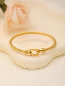 2 件奢华复古不锈钢四叶草和马蹄设计女士手链 - 金黃色 - 查看 5