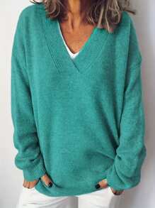 大码纯色简约 V 领长袖套头毛衣，休闲日常穿着