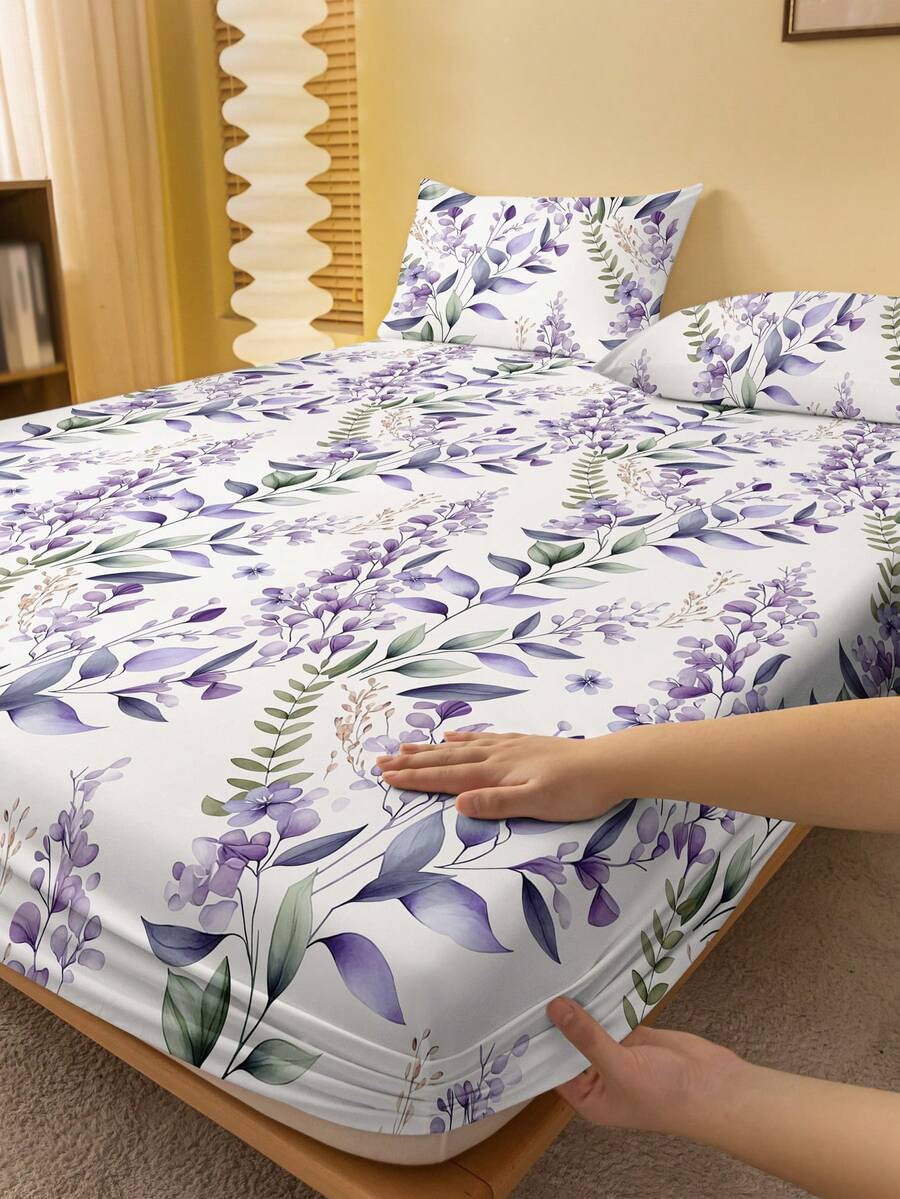 1pc Minimalist Modern Floral & Leaf Print Microfiber Fitted Sheet, Bedroom Plant Pattern Printed Bedcover, Bedding Set (Pillow Case Not Included)
