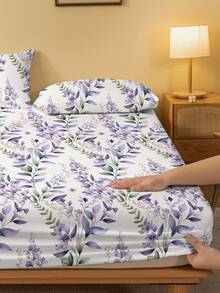 1pc Minimalist Modern Floral & Leaf Print Microfiber Fitted Sheet, Bedroom Plant Pattern Printed Bedcover, Bedding Set (Pillow Case Not Included)