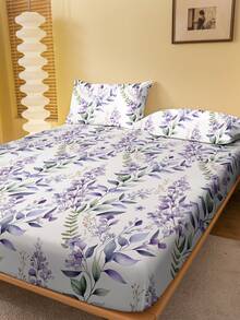 1pc Minimalist Modern Floral & Leaf Print Microfiber Fitted Sheet, Bedroom Plant Pattern Printed Bedcover, Bedding Set (Pillow Case Not Included)