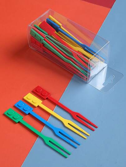 32pcs Building Block Design Random Color Fork, Colorful Fruit Fork For Home,Kitchen,Christmas Gift,School Supplies