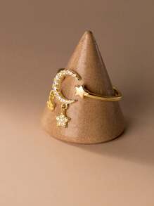 1pc Unique Fashion Zirconia Star & Moon Tassel Design Ring - Yellow Gold - View 2