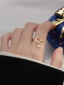 1pc Unique Fashion Zirconia Star & Moon Tassel Design Ring - Yellow Gold - View 1