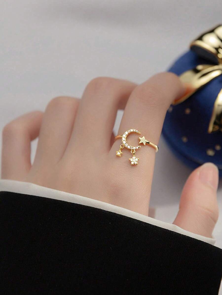 1pc Unique Fashion Zirconia Star & Moon Tassel Design Ring - Yellow Gold - View 1