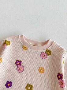 2pcs/Set Baby Girl Casual Allover Floral Print Waffle Long Sleeve Sweatshirt And Pants Set, Spring & Autumn - Apricot - View 3