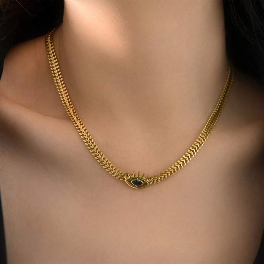 Necklace European And American Cross-Border New Design Versatile Sense Metal Stainless Steel Black Diamond Diamond Devil Necklace Female Wholesale - Vàng - Xem 1