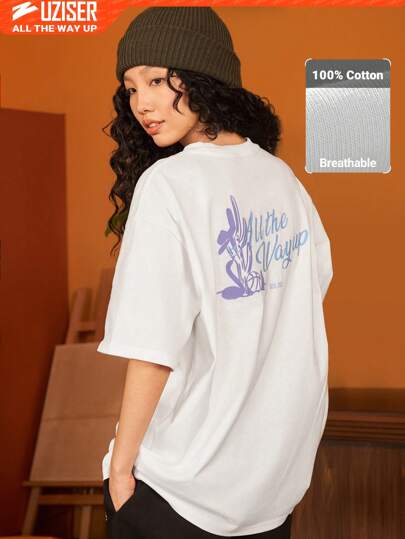  夏季运动 UZISER 女士宽松圆领纯色T恤休闲短袖运动健身后背标语印花