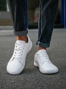 （适合宽/胖脚）男士时尚宽头系带黑色平底简约赤脚鞋，百搭户外宽版运动休闲商务正装鞋 - 白色 - 查看 7